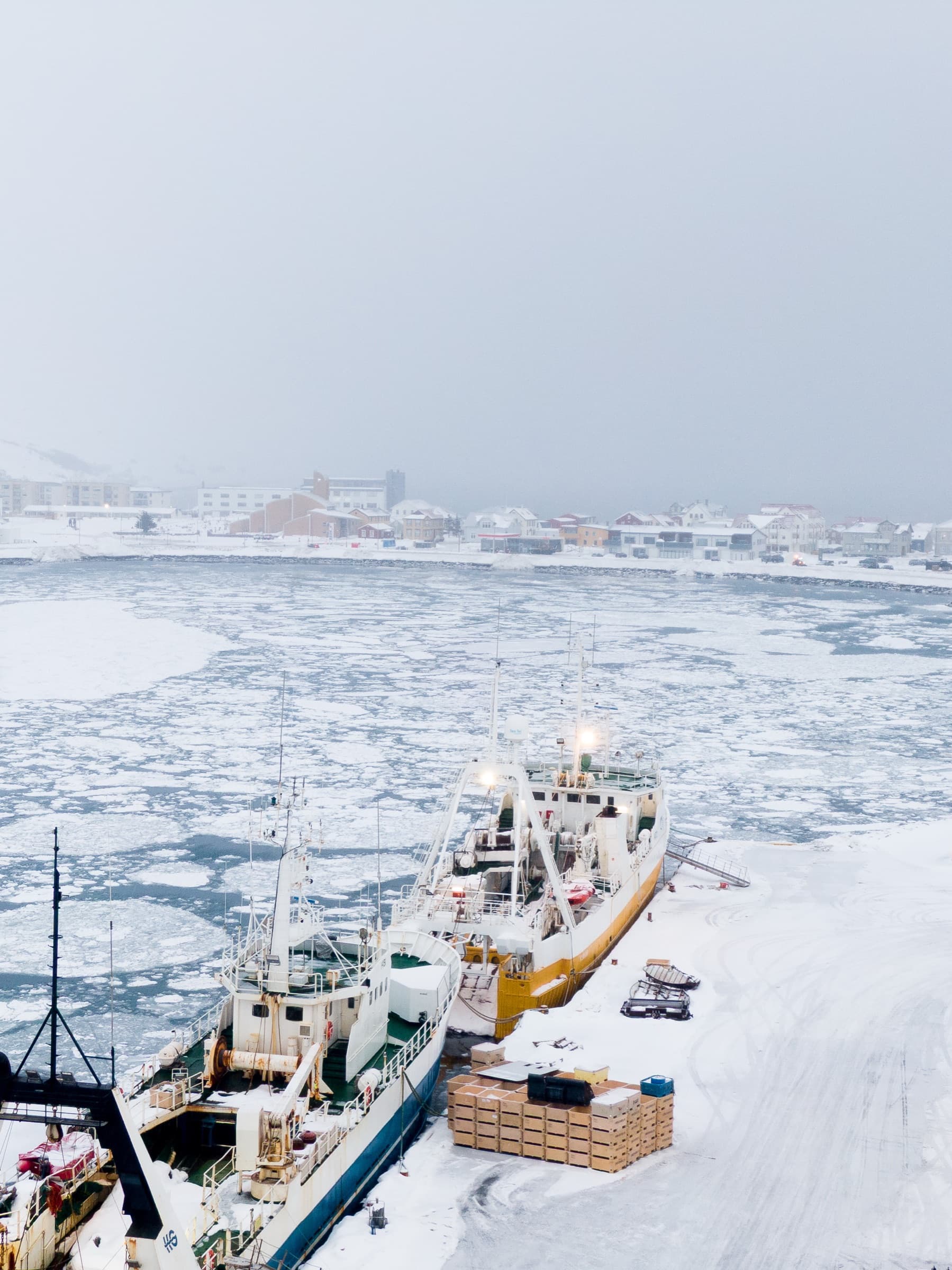 Höfn full af ísjökum og skip við bryggju